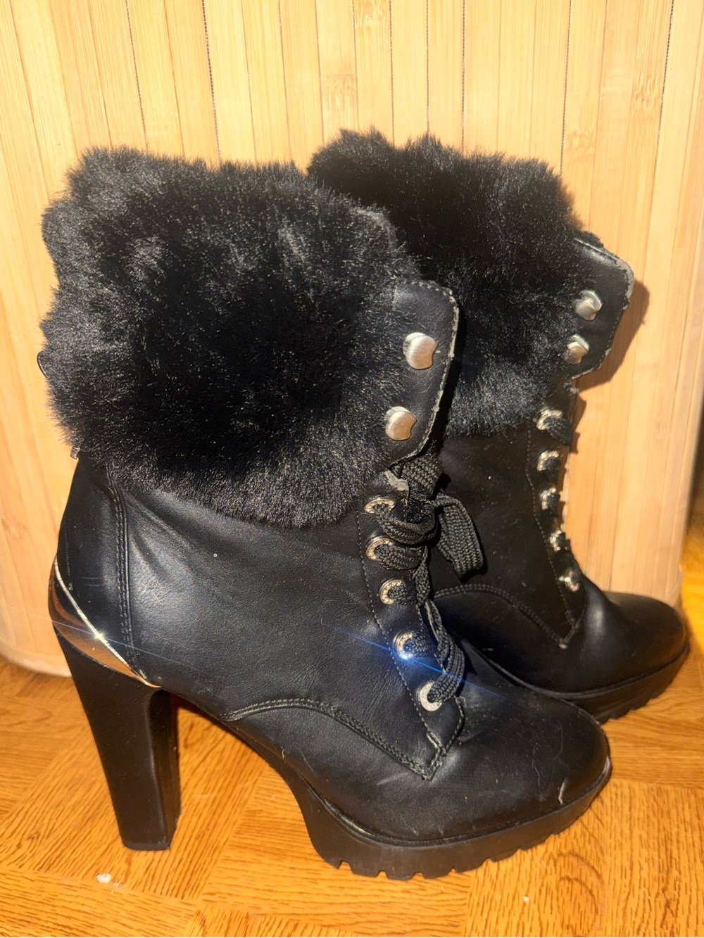 Guess Black Faux-Fur Lace-Up High Heel Ankle Boots with Metal Accents